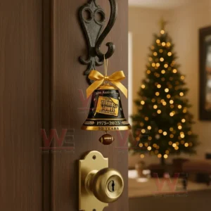 The Terrible Towel 50th Anniversary Bell Ornament 5 A black and gold Terrible Towel anniversary bell ornament hanging on a door hook with a lit Christmas tree visible in the background!