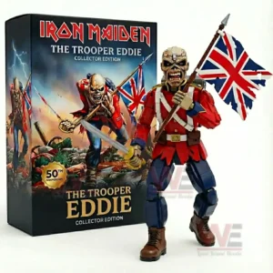 Brick rock warrior figure holding a flag and weapon standing next to a dramatic collector edition box!