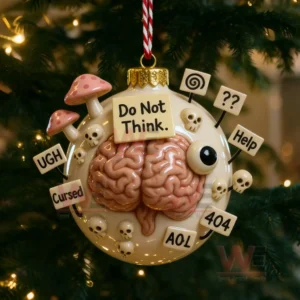 Brain themed ornament with humorous signs mushrooms and skulls hanging on a Christmas tree with warm festive lighting!