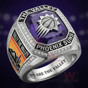 Silver basketball ring with purple gemstone Phoenix Suns logo and decorative details!