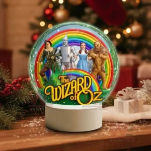 A snow globe showing four fantasy characters standing before a rainbow with a bold title at the base!