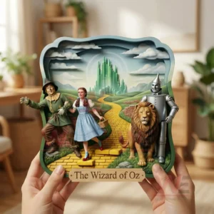 Wall hanging decoration inspired by a classic story with sculpted characters layered scenery and vibrant colors!