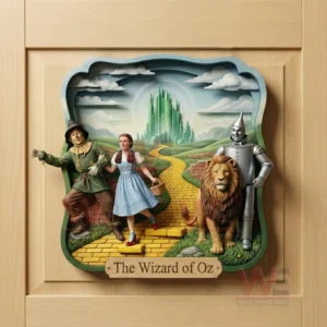 The Wizard of Oz Door Hanging Decoration Christmas Ornament 3 Fantasy themed wall decoration mounted on wood featuring a golden road characters and a green city background!