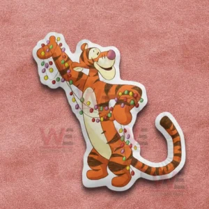 Tigger Winnie The Pooh Christmas Custom Shaped Pillow 4 Tiger christmas pillow with festive lights shown on a pink fabric background!