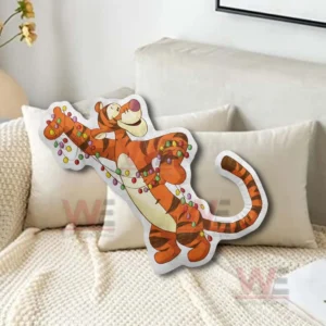 Tigger Winnie The Pooh Christmas Custom Shaped Pillow 5 Tiger christmas pillow with lights resting on a sofa in a comfortable home setting!