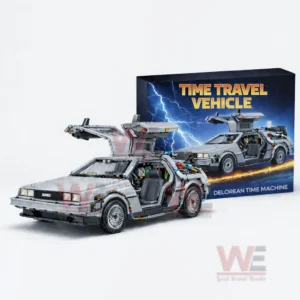 Building block time travel car model with open doors shown in front of a time travel vehicle themed box on a white background!