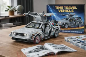 Time travel car building block model on a wooden table with instruction manual and parts trays in a home workspace!