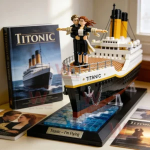 Building block Titanic ship model with a couple posing at the front on a display stand in an indoor setting!
