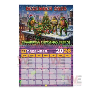 December twenty twenty six Ninja Turtles calendar page showing the turtles on a snowy rooftop with a Christmas tree and gifts.