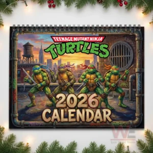 Ninja Turtles twenty twenty six calendar cover showing the four turtles in an alley with the city skyline.