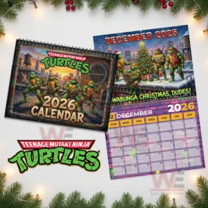 Ninja Turtles twenty twenty six calendar cover next to December rooftop Christmas scene.