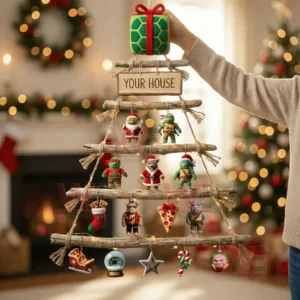 A decorative wooden branch tree filled with turtle themed ornaments and warm lights displayed in a cozy holiday living room!