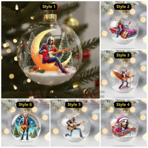 Multiple clear baubles each showing a guitar playing figure in different festive holiday scenes!