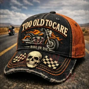 Biker cap with motorcycle graphic and bold message placed on an empty road under open sky!