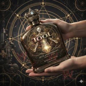 Person holding a TOOL 35th anniversary bottle with sacred geometry artwork human figure and 1990 to 2025 text against a dark ornate backdrop!