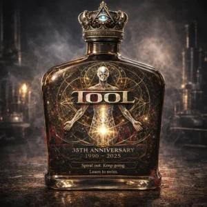 TOOL 35th anniversary bottle with crown cap glowing geometric label and 1990 to 2025 text displayed in a smoky dark environment!