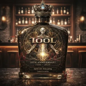TOOL anniversary bottle on a bar counter with crown cap gold geometric artwork human figure and 35th anniversary 1990 to 2025 text with bar shelves in background!