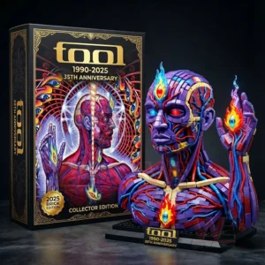 Building block art sculpture of a stylized human head and hand with glowing accents shown next to a themed display box!