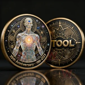 Commemorative coins with a glowing humanoid figure on one side and geometric patterns with bold lettering on the other!