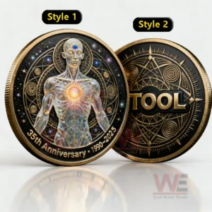 TOOL Band 35th Anniversary Coin 3 Commemorative coins with a radiant humanoid figure on one side and golden geometric designs on the other shown against a bright background!