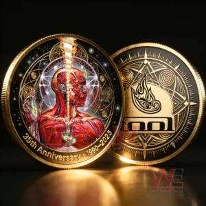 Limited edition anniversary coin displaying a human figure with cosmic elements sacred symbols and artistic metal engraving on a dark background!