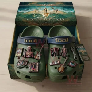 Green Tool themed clogs in a branded Live In The Sand box decorated with anatomical eye guitar and wrench charms!