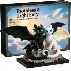 Dragon building model with a black dragon and a white dragon displayed side by side on a decorative base with a fantasy themed background!