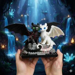Toothless and Light Fury Building Brick Set 3 Hands holding a dragon building model with a black dragon and a white dragon posed together in a magical environment!