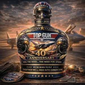 A detailed commemorative whiskey bottle shaped like a fighter pilot with aviation artwork jets and a sunset airfield background celebrating the Top Gun forty year anniversary!