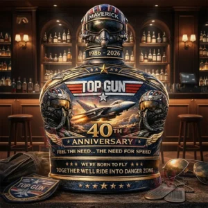 A Top Gun themed commemorative whiskey bottle shaped like a pilot displayed in a stylish bar interior with aviation artwork and warm lighting celebrating forty years!