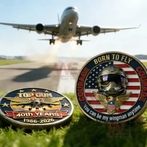 Aviation commemorative coins on grass with a plane taking off in the background representing courage and love of flying