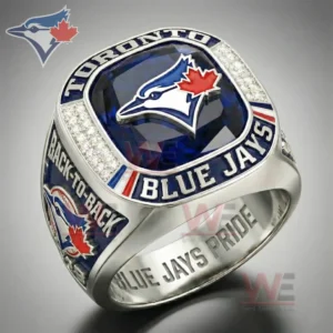 Silver Toronto Blue Jays ring with a deep blue gemstone style top displaying the Blue Jays logo and engraved text Toronto Blue Jays Back to Back and Blue Jays Pride.