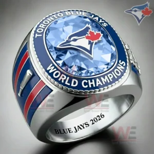 Toronto Blue Jays ring with light blue gemstone top and Blue Jays bird logo with Toronto Blue Jays text and world champions and blue jays 2026 engraving.