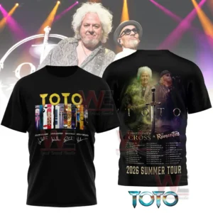 Black Toto concert shirt with front logo and album panels and back artwork of band members sword imagery and tour details!