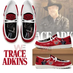 Collage of red and white Trace Adkins themed casual slip on shoes with Hey Dude logo tour graphics and multiple product angles!