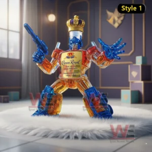 A multicolored robot bottle with crown cap and blaster posed on white fur in a decorative room.