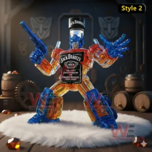 A blue and amber robot bottle with black label and cap posed on white fur in a rustic setting.