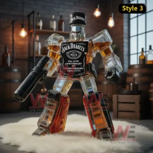 A silver and amber robot bottle with black label and blaster on white fur in a bar style room.