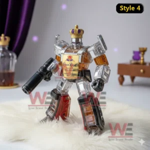A silver and amber robot bottle with crown cap posed on white fur in a softly lit decorative space.