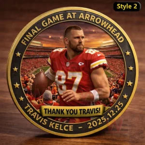 Commemorative sports coin with Travis Kelce holding a football in a crowded stadium scene!