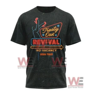 Black music tour shirt with neon sign artwork and band name displayed on the front!