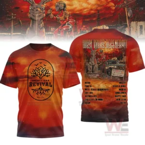 Treaty Oak Revival shirt with western artwork sunset colors and band themed graphics!