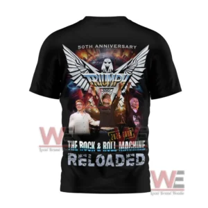 Back of black rock band tour shirt with large winged emblem and live performance artwork!