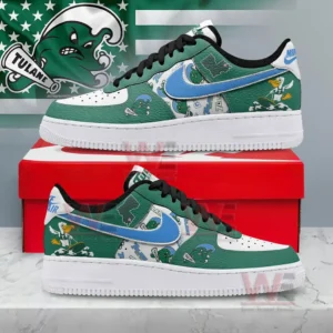 Custom green and white sneakers with blue swoosh and Tulane themed graphics displayed on a red shoe box with a Tulane logo background!