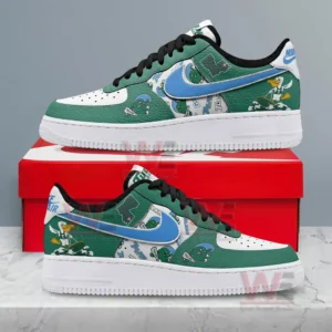 Two side view custom green and white sneakers with blue swoosh and black laces displayed above and below a red shoe box on a marble surface!