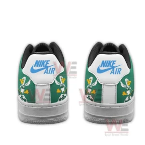 Back view of two custom green and white sneakers with blue Nike Air heel branding and Tulane mascot graphics on green heel panels!