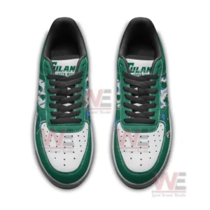 Top down view of two custom green and white sneakers with black laces white perforated toe boxes and Tulane branding on the tongue!