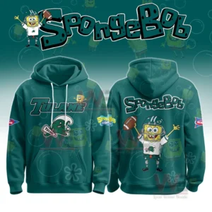 Green Tulane hoodie with front team logo and back SpongeBob football character artwork!