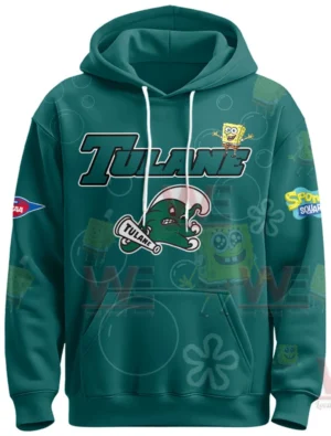 Front view of green Tulane hoodie with team text and themed character elements!
