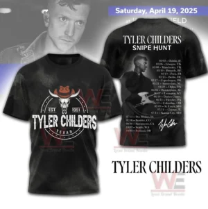 Black Tyler Childers tour shirt with western skull logo on front and tour schedule with portrait on back.